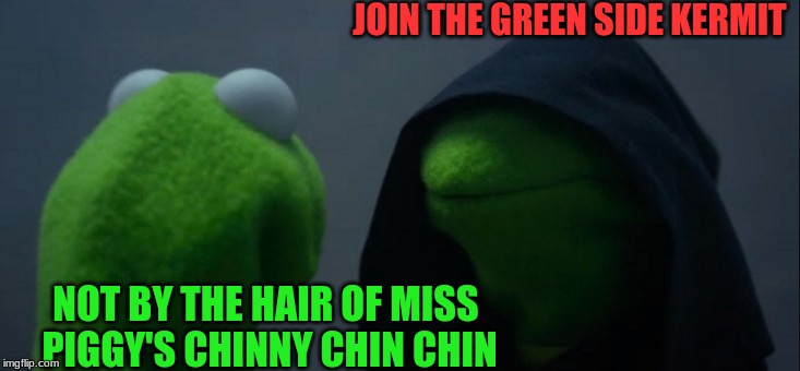 JOIN THE GREEN SIDE KERMIT NOT BY THE HAIR OF MISS PIGGY'S CHINNY CHIN CHIN | image tagged in memes,evil kermit | made w/ Imgflip meme maker