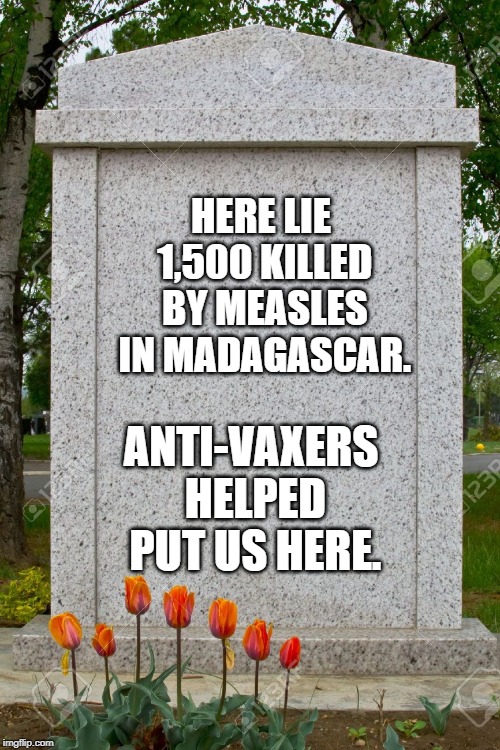 blank gravestone | HERE LIE 1,500 KILLED BY MEASLES IN MADAGASCAR. ANTI-VAXERS HELPED PUT US HERE. | image tagged in blank gravestone | made w/ Imgflip meme maker