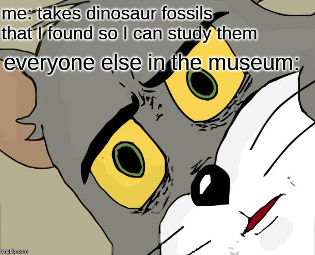 Unsettled Tom | me: takes dinosaur fossils that I found so I can study them; everyone else in the museum: | image tagged in memes,unsettled tom | made w/ Imgflip meme maker