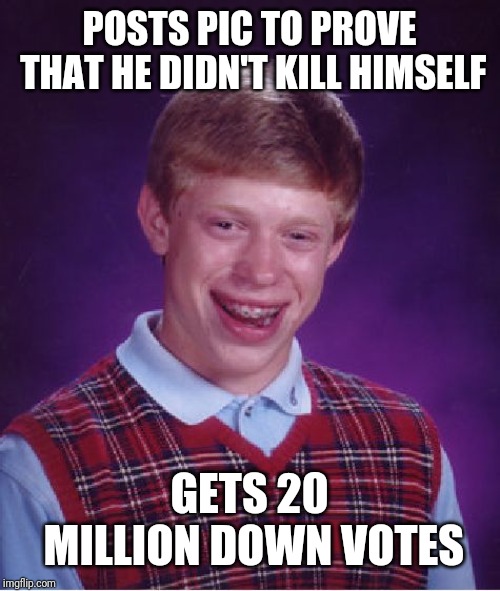 Bad Luck Brian | POSTS PIC TO PROVE THAT HE DIDN'T KILL HIMSELF; GETS 20 MILLION DOWN VOTES | image tagged in memes,bad luck brian | made w/ Imgflip meme maker