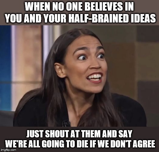 WHEN NO ONE BELIEVES IN YOU AND YOUR HALF-BRAINED IDEAS; JUST SHOUT AT THEM AND SAY WE'RE ALL GOING TO DIE IF WE DON'T AGREE | image tagged in alexandria ocasio-cortez,green new deal | made w/ Imgflip meme maker