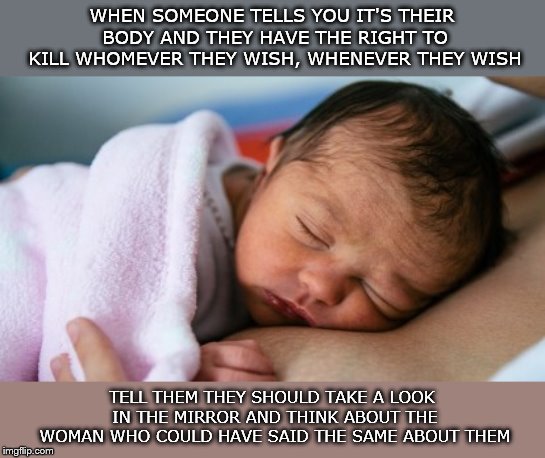 The party that believes it's okay to kill their unborn child is the same party who feign concern about children at the border. | WHEN SOMEONE TELLS YOU IT'S THEIR BODY AND THEY HAVE THE RIGHT TO KILL WHOMEVER THEY WISH, WHENEVER THEY WISH; TELL THEM THEY SHOULD TAKE A LOOK IN THE MIRROR AND THINK ABOUT THE WOMAN WHO COULD HAVE SAID THE SAME ABOUT THEM | image tagged in baby,abortion,pro life,pro death | made w/ Imgflip meme maker