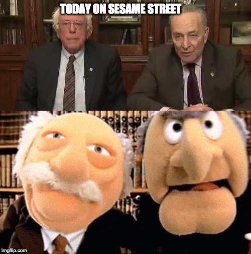 it's a muppet show | TODAY ON SESAME STREET | image tagged in bernie sanders,chuck schumer | made w/ Imgflip meme maker
