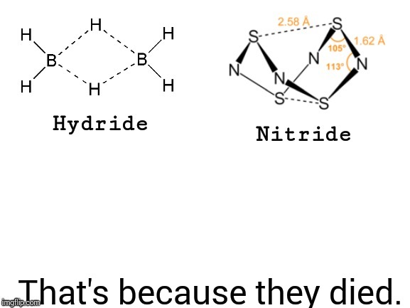 Hydride, Nitride, | That's because they died. | image tagged in hydride nitride | made w/ Imgflip meme maker