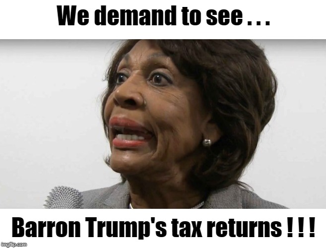 Mad Maxine Want's Tax Returns | We demand to see . . . Barron Trump's tax returns ! ! ! | image tagged in crazy maxine waters,barron trump | made w/ Imgflip meme maker