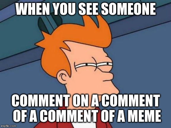 Futurama Fry Meme | WHEN YOU SEE SOMEONE; COMMENT ON A COMMENT OF A COMMENT OF A MEME | image tagged in memes,futurama fry | made w/ Imgflip meme maker