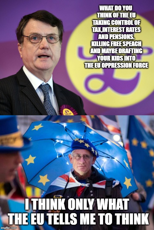 WHAT DO YOU THINK OF THE EU TAKING CONTROL OF TAX,INTEREST RATES AND PENSIONS. KILLING FREE SPEACH AND MAYBE DRAFTING YOUR KIDS INTO THE EU OPPRESSION FORCE; I THINK ONLY WHAT THE EU TELLS ME TO THINK | image tagged in remainer,gerrard batten | made w/ Imgflip meme maker