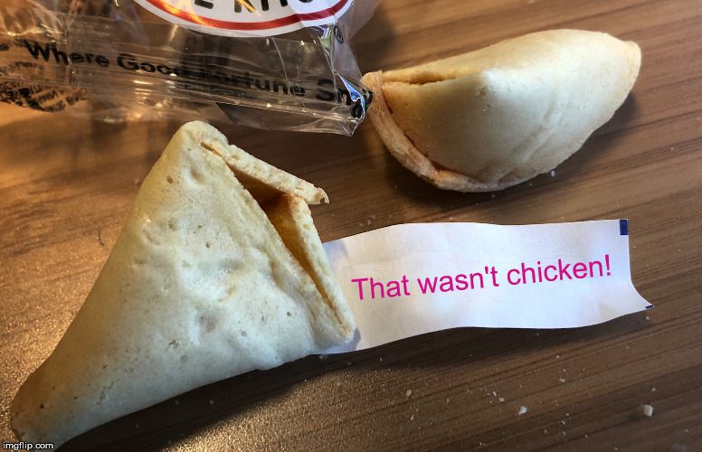 Misfortune Cookie | That wasn't chicken! | image tagged in misfortune cookie | made w/ Imgflip meme maker