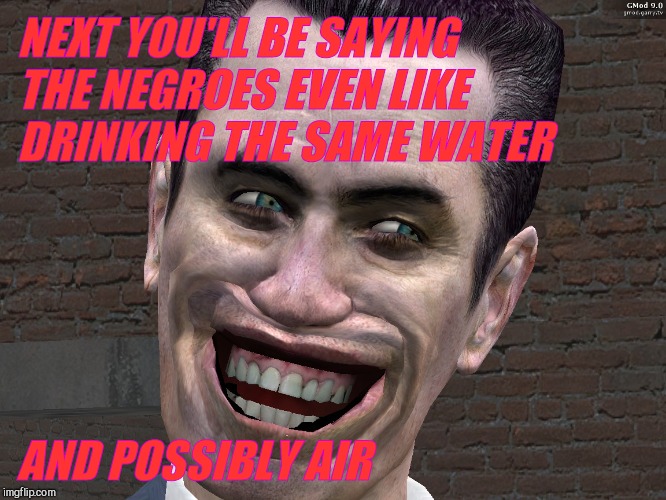. | NEXT YOU'LL BE SAYING THE NEGROES EVEN LIKE DRINKING THE SAME WATER AND POSSIBLY AIR | image tagged in g-man from half-life | made w/ Imgflip meme maker