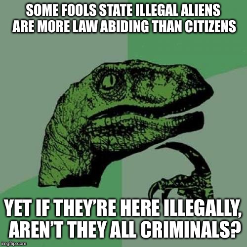 Philosoraptor | SOME FOOLS STATE ILLEGAL ALIENS ARE MORE LAW ABIDING THAN CITIZENS; YET IF THEY’RE HERE ILLEGALLY, AREN’T THEY ALL CRIMINALS? | image tagged in memes,philosoraptor | made w/ Imgflip meme maker