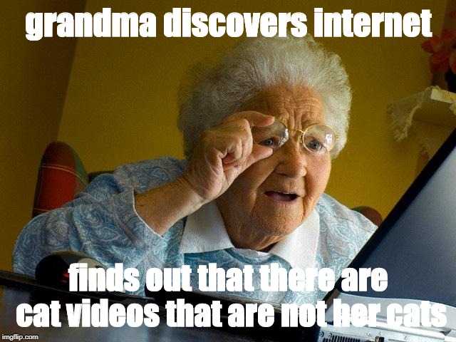 Grandma Finds The Internet | grandma discovers internet; finds out that there are cat videos that are not her cats | image tagged in memes,grandma finds the internet | made w/ Imgflip meme maker