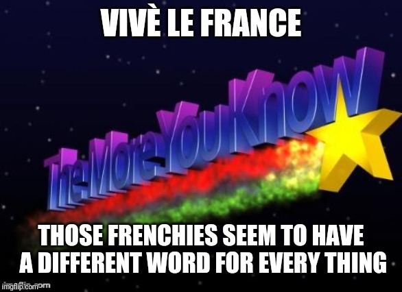 the more you know | VIVÈ LE FRANCE THOSE FRENCHIES SEEM TO HAVE A DIFFERENT WORD FOR EVERY THING | image tagged in the more you know | made w/ Imgflip meme maker