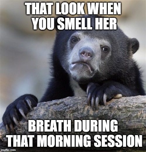 Confession Bear Meme | THAT LOOK WHEN YOU SMELL HER; BREATH DURING THAT MORNING SESSION | image tagged in memes,confession bear | made w/ Imgflip meme maker