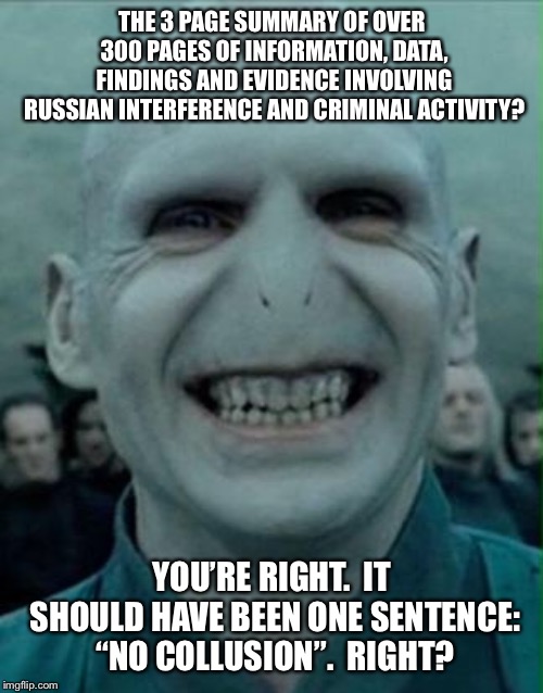 Voldemort Grin | THE 3 PAGE SUMMARY OF OVER 300 PAGES OF INFORMATION, DATA, FINDINGS AND EVIDENCE INVOLVING RUSSIAN INTERFERENCE AND CRIMINAL ACTIVITY? YOU’R | image tagged in voldemort grin | made w/ Imgflip meme maker