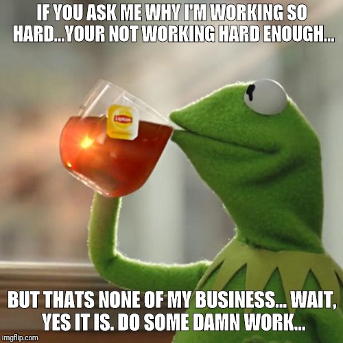 But That's None Of My Business | IF YOU ASK ME WHY I'M WORKING SO HARD...YOUR NOT WORKING HARD ENOUGH... BUT THATS NONE OF MY BUSINESS...
WAIT, YES IT IS. DO SOME DAMN WORK... | image tagged in memes,but thats none of my business,kermit the frog | made w/ Imgflip meme maker