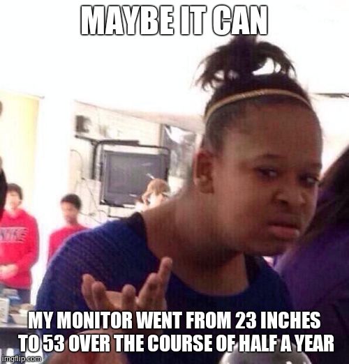 Black Girl Wat Meme | MAYBE IT CAN MY MONITOR WENT FROM 23 INCHES TO 53 OVER THE COURSE OF HALF A YEAR | image tagged in memes,black girl wat | made w/ Imgflip meme maker