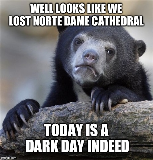 The time to rebuild is now | WELL LOOKS LIKE WE LOST NORTE DAME CATHEDRAL; TODAY IS A DARK DAY INDEED | image tagged in memes,confession bear | made w/ Imgflip meme maker