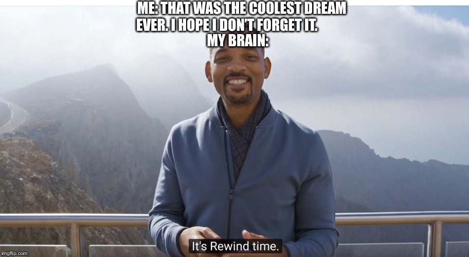 It's rewind time | ME: THAT WAS THE COOLEST DREAM EVER. I HOPE I DON’T FORGET IT. MY BRAIN: | image tagged in it's rewind time | made w/ Imgflip meme maker