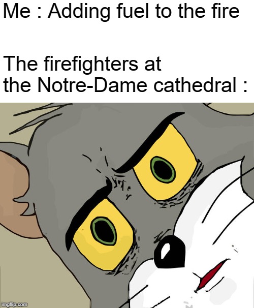 Unsettled Tom Meme | Me : Adding fuel to the fire; The firefighters at the Notre-Dame cathedral : | image tagged in memes,unsettled tom | made w/ Imgflip meme maker
