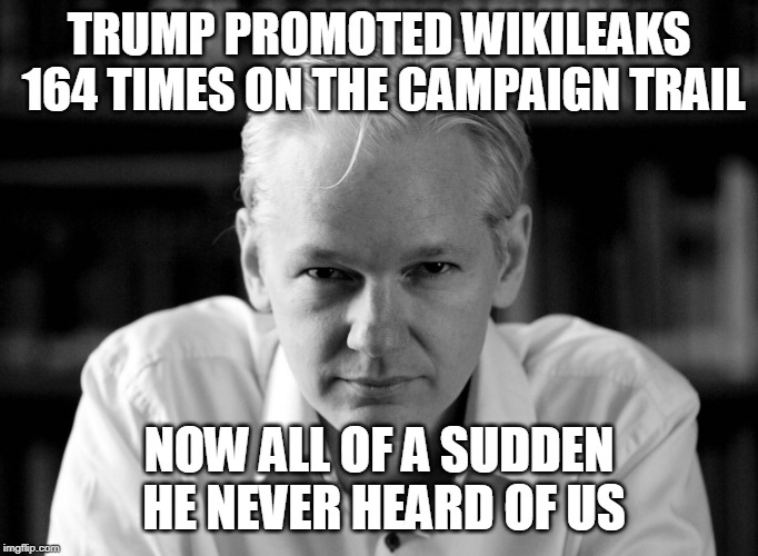 Julian Assange | TRUMP PROMOTED WIKILEAKS 164 TIMES ON THE CAMPAIGN TRAIL; NOW ALL OF A SUDDEN HE NEVER HEARD OF US | image tagged in julian assange | made w/ Imgflip meme maker
