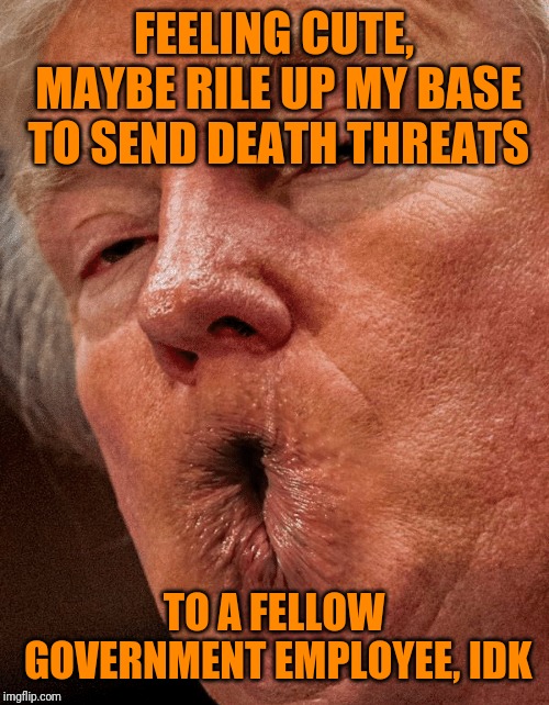 Someone needs a ride in a convertable  by a book depository in Dallas | FEELING CUTE, MAYBE RILE UP MY BASE TO SEND DEATH THREATS; TO A FELLOW GOVERNMENT EMPLOYEE, IDK | image tagged in trump,dump trump,sewmyeyesshut,twitter in chief | made w/ Imgflip meme maker