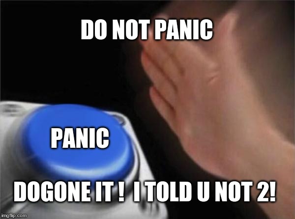 Blank Nut Button Meme | DO NOT PANIC; PANIC; DOGONE IT !
 I TOLD U NOT 2! | image tagged in memes,blank nut button | made w/ Imgflip meme maker