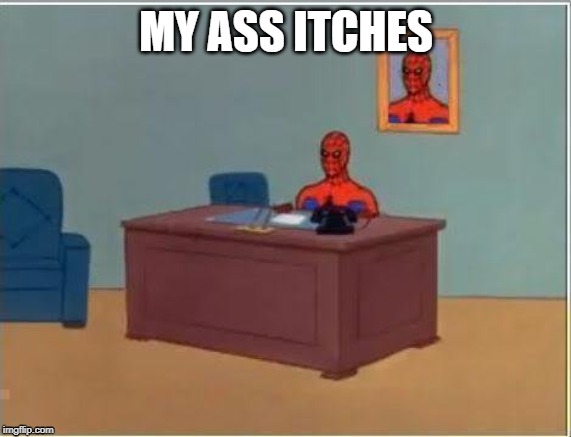 Spiderman Computer Desk | MY ASS ITCHES | image tagged in memes,spiderman computer desk,spiderman | made w/ Imgflip meme maker