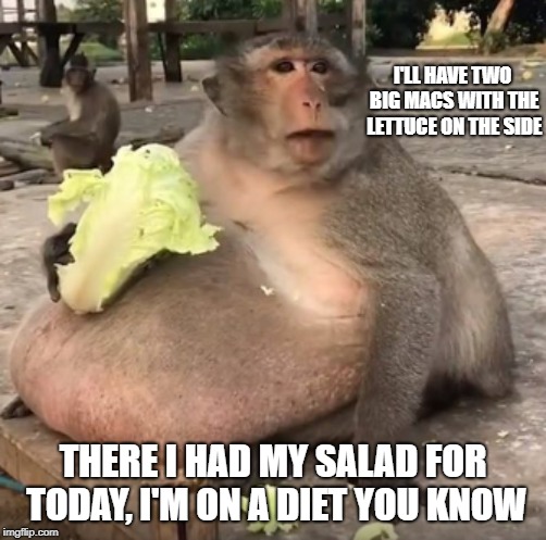 Order large amount of food then say you are on a diet | I'LL HAVE TWO BIG MACS WITH THE LETTUCE ON THE SIDE; THERE I HAD MY SALAD FOR TODAY, I'M ON A DIET YOU KNOW | image tagged in obese monkey,salad,diet,big mac | made w/ Imgflip meme maker