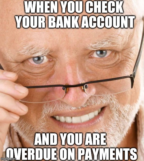 HiDe ThE pAiN hArOlD | WHEN YOU CHECK YOUR BANK ACCOUNT; AND YOU ARE OVERDUE ON PAYMENTS | image tagged in hide the pain harold,help | made w/ Imgflip meme maker