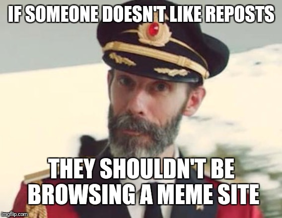 Thanks for stating the obvious,  Captain Obvious. | IF SOMEONE DOESN'T LIKE REPOSTS; THEY SHOULDN'T BE BROWSING A MEME SITE | image tagged in captain obvious,memes,memes are reposts | made w/ Imgflip meme maker