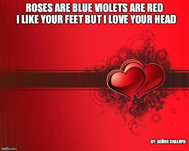 Valentines Day | ROSES ARE BLUE VIOLETS ARE RED 
I LIKE YOUR FEET BUT I LOVE YOUR HEAD; BY: SEÑOR CHALUPA | image tagged in valentines day | made w/ Imgflip meme maker