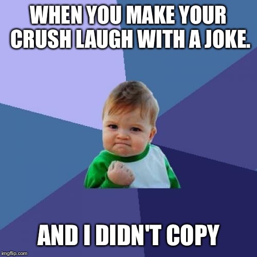 Success Kid | WHEN YOU MAKE YOUR CRUSH LAUGH WITH A JOKE. AND I DIDN'T COPY | image tagged in memes,success kid | made w/ Imgflip meme maker