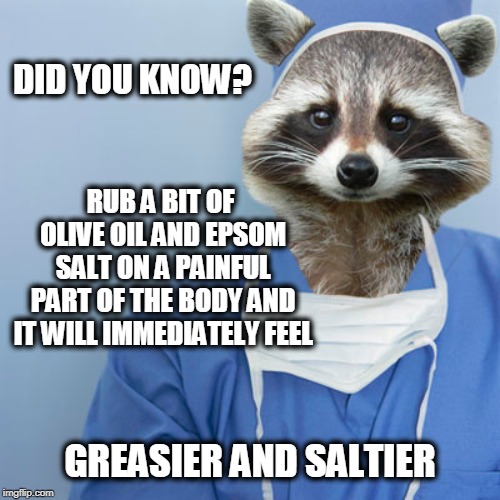 Dr. Rocky sez... | DID YOU KNOW? RUB A BIT OF OLIVE OIL AND EPSOM SALT ON A PAINFUL PART OF THE BODY AND IT WILL IMMEDIATELY FEEL; GREASIER AND SALTIER | image tagged in lame joke,lame pun coon,tip of the day | made w/ Imgflip meme maker