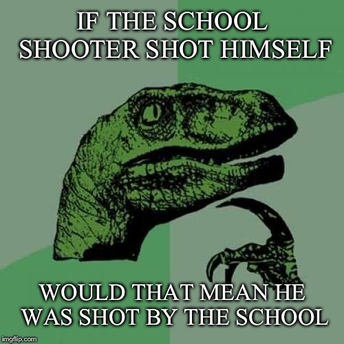 Philosoraptor Meme | IF THE SCHOOL SHOOTER SHOT HIMSELF WOULD THAT MEAN HE WAS SHOT BY THE SCHOOL | image tagged in memes,philosoraptor | made w/ Imgflip meme maker