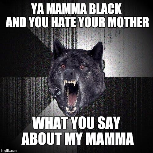 Insanity Wolf | YA MAMMA BLACK AND YOU HATE YOUR MOTHER; WHAT YOU SAY ABOUT MY MAMMA | image tagged in memes,insanity wolf | made w/ Imgflip meme maker