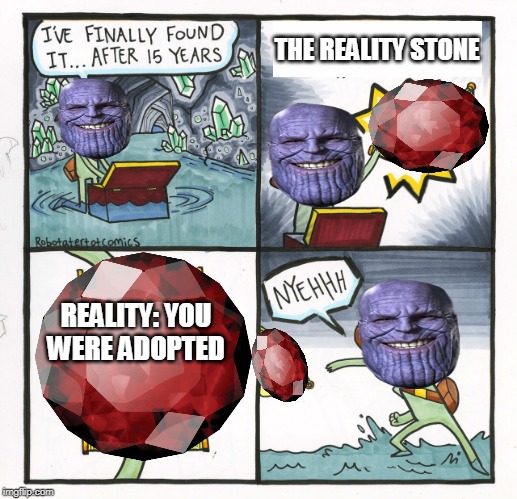 The Scroll Of Truth Meme | THE REALITY STONE; REALITY: YOU WERE ADOPTED | image tagged in memes,the scroll of truth | made w/ Imgflip meme maker