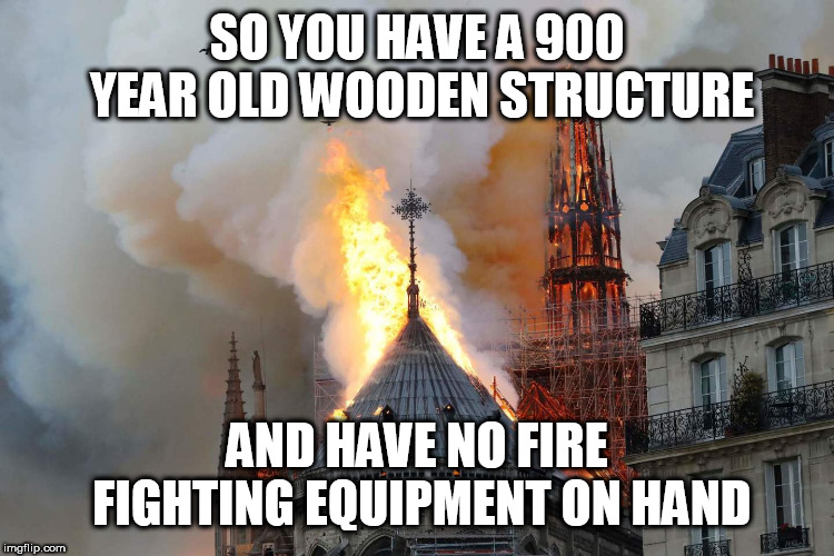 dame | SO YOU HAVE A 900 YEAR OLD WOODEN STRUCTURE; AND HAVE NO FIRE FIGHTING EQUIPMENT ON HAND | image tagged in dame | made w/ Imgflip meme maker