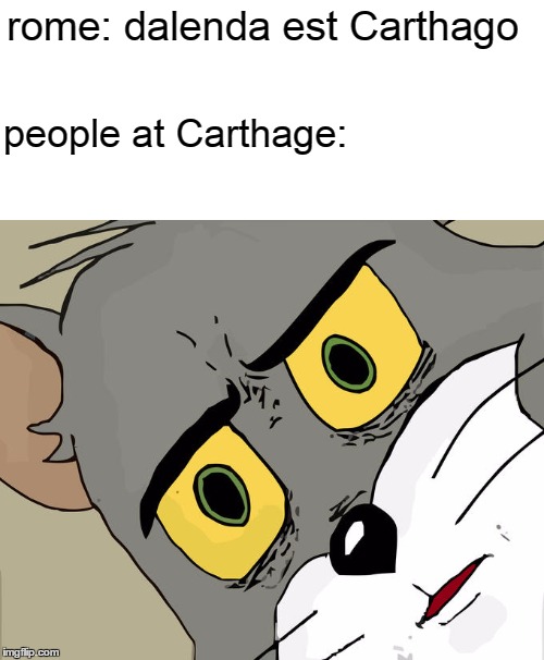Unsettled Tom | rome: dalenda est Carthago; people at Carthage: | image tagged in memes,unsettled tom | made w/ Imgflip meme maker