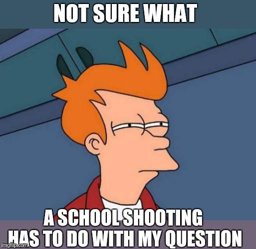 Futurama Fry Meme | NOT SURE WHAT A SCHOOL SHOOTING HAS TO DO WITH MY QUESTION | image tagged in memes,futurama fry | made w/ Imgflip meme maker