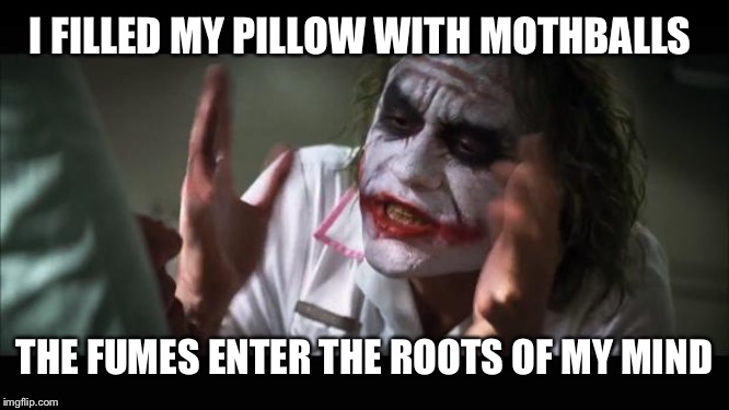 And everybody loses their minds Meme | I FILLED MY PILLOW WITH MOTHBALLS; THE FUMES ENTER THE ROOTS OF MY MIND | image tagged in memes,and everybody loses their minds | made w/ Imgflip meme maker