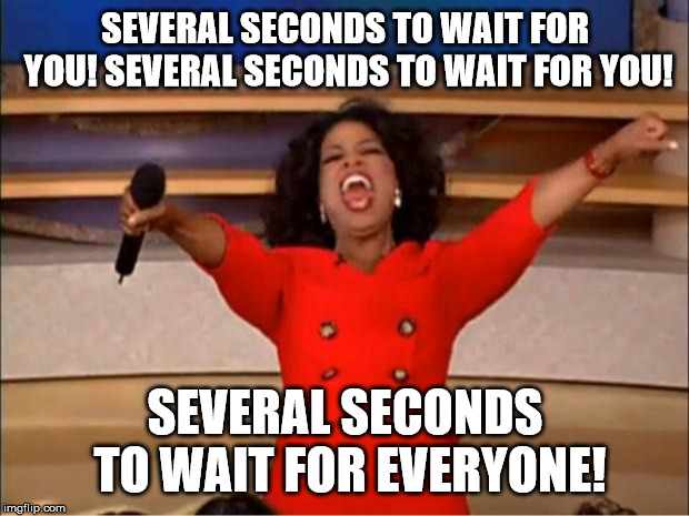Oprah You Get A Meme | SEVERAL SECONDS TO WAIT FOR YOU! SEVERAL SECONDS TO WAIT FOR YOU! SEVERAL SECONDS TO WAIT FOR EVERYONE! | image tagged in memes,oprah you get a | made w/ Imgflip meme maker
