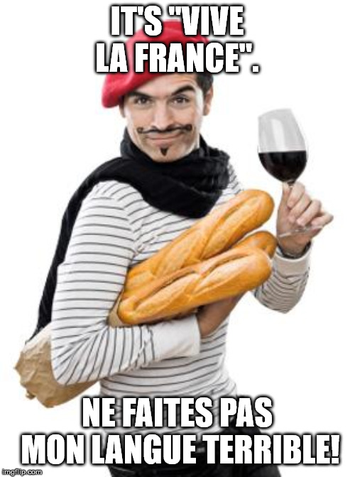 scumbag french | IT'S "VIVE LA FRANCE". NE FAITES PAS MON LANGUE TERRIBLE! | image tagged in scumbag french | made w/ Imgflip meme maker