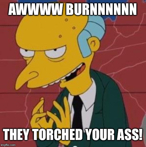 Mr. Burns Excellent | AWWWW BURNNNNNN THEY TORCHED YOUR ASS! | image tagged in mr burns excellent | made w/ Imgflip meme maker