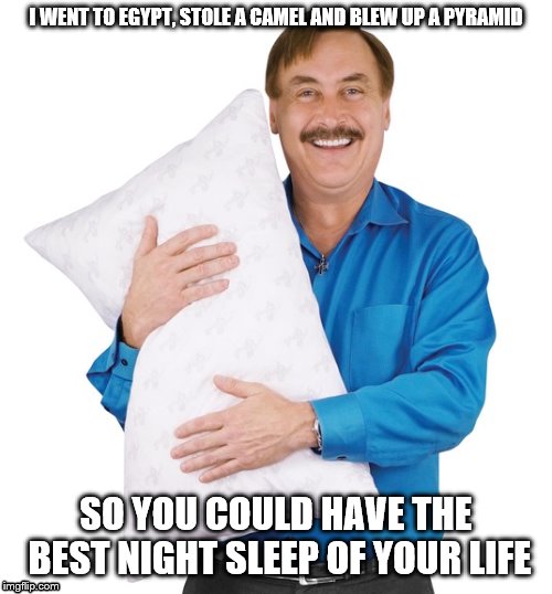 MY PILLOW GUY | I WENT TO EGYPT, STOLE A CAMEL AND BLEW UP A PYRAMID; SO YOU COULD HAVE THE BEST NIGHT SLEEP OF YOUR LIFE | image tagged in my pillow egypt,giza | made w/ Imgflip meme maker