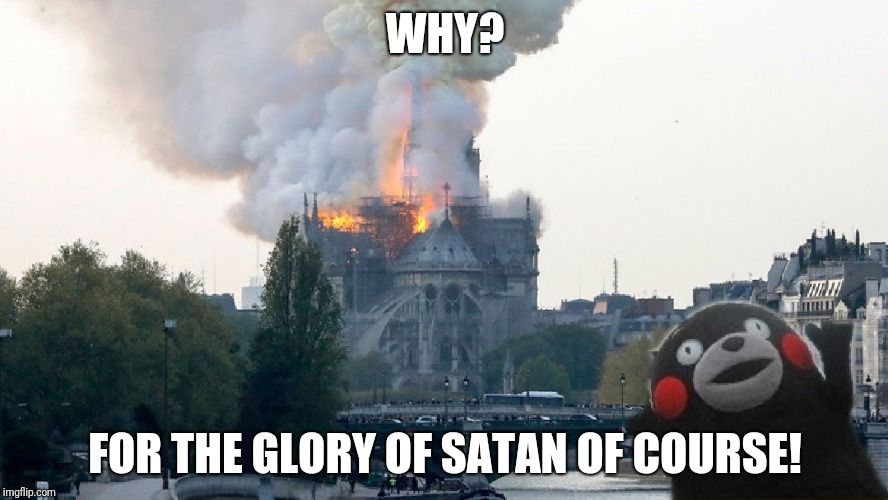 WHY? FOR THE GLORY OF SATAN OF COURSE | WHY? FOR THE GLORY OF SATAN OF COURSE! | image tagged in notre dame | made w/ Imgflip meme maker