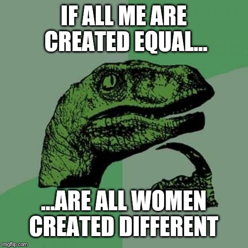 Philosoraptor Meme | IF ALL ME ARE CREATED EQUAL... ...ARE ALL WOMEN CREATED DIFFERENT | image tagged in memes,philosoraptor | made w/ Imgflip meme maker