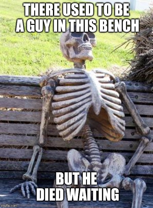 Waiting Skeleton Meme | THERE USED TO BE A GUY IN THIS BENCH; BUT HE DIED WAITING | image tagged in memes,waiting skeleton | made w/ Imgflip meme maker