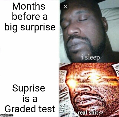 Sleeping Shaq Meme | Months before a big surprise; Suprise is a Graded test | image tagged in memes,sleeping shaq | made w/ Imgflip meme maker