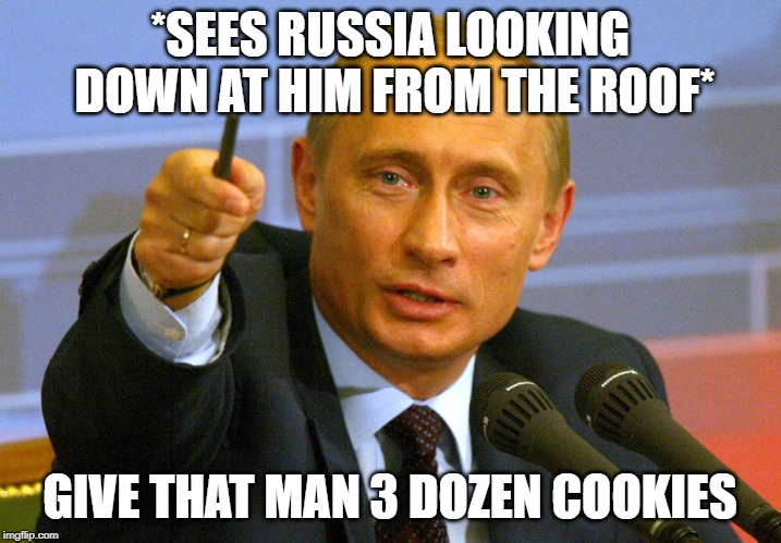 Putin "Give that man a Cookie" | *SEES RUSSIA LOOKING DOWN AT HIM FROM THE ROOF*; GIVE THAT MAN 3 DOZEN COOKIES | image tagged in putin give that man a cookie | made w/ Imgflip meme maker