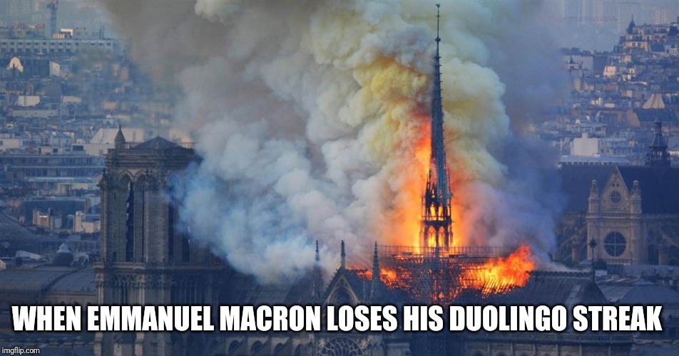 WHEN EMMANUEL MACRON LOSES HIS DUOLINGO STREAK | image tagged in funny,france,notre dame,fire | made w/ Imgflip meme maker